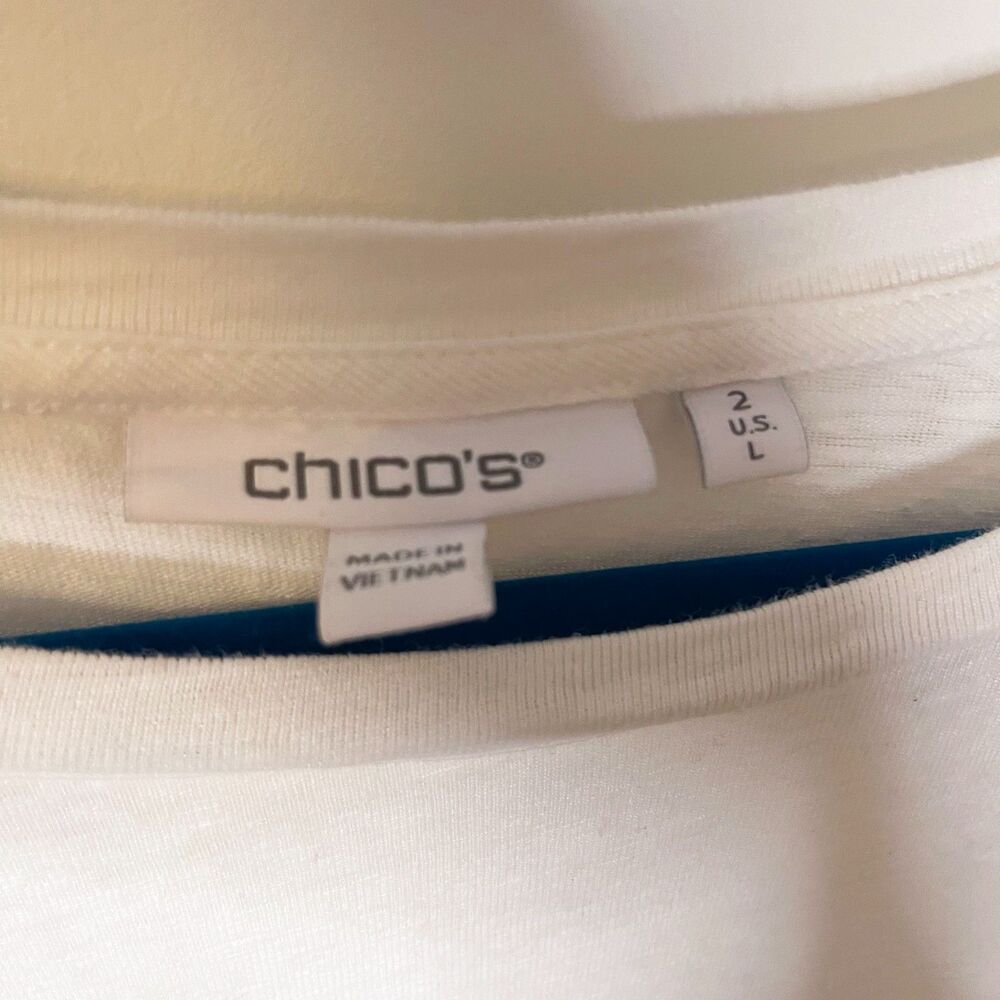 Chico’s 95% Linen Tee Size 2 (L) White Short Sleeve Ruffle Trim Top Minimalist - Picture 2 of 8